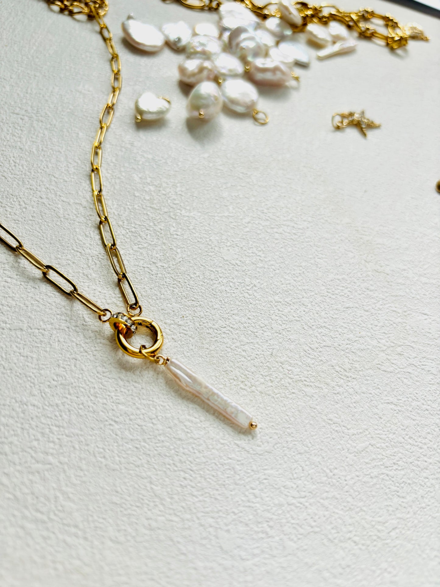Paperclip Rhinestone Charm Holder Necklace – 18K Gold PVD Stainless Steel Necklace