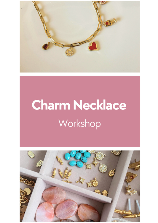 Charm necklace workshop advertisement with jewelry and materials on a pink background
