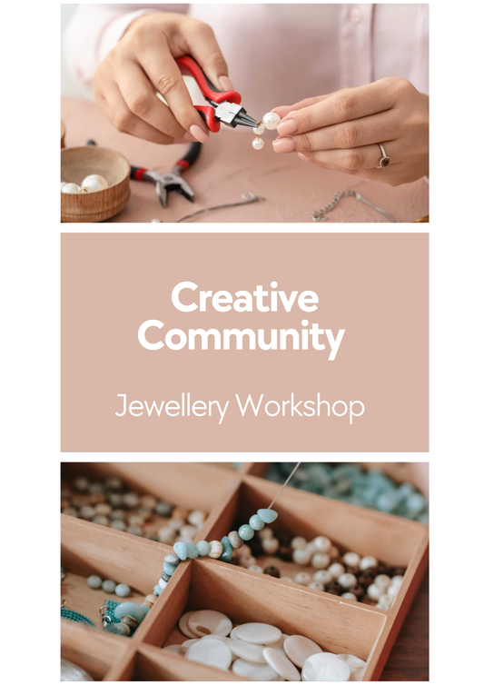 Jewellery workshop with hands working on jewelry and beads displayed.