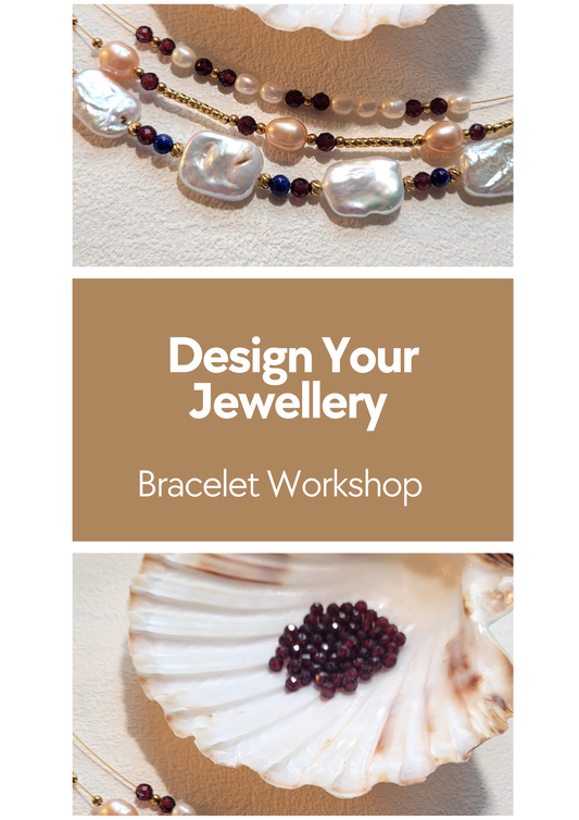 Bracelet workshop flyer with jewelry design elements and text.
